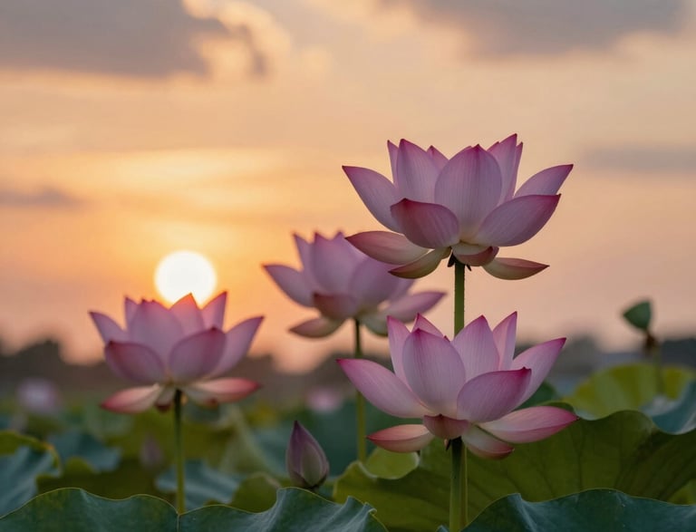 A field of beautiful coneflowers with a sunset