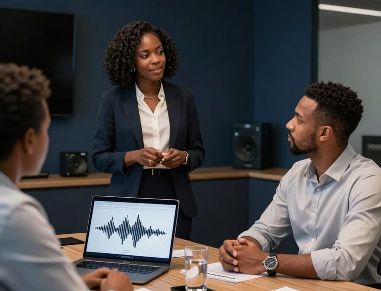 A professional consultant speaking with a corporate client in a modern office setting.