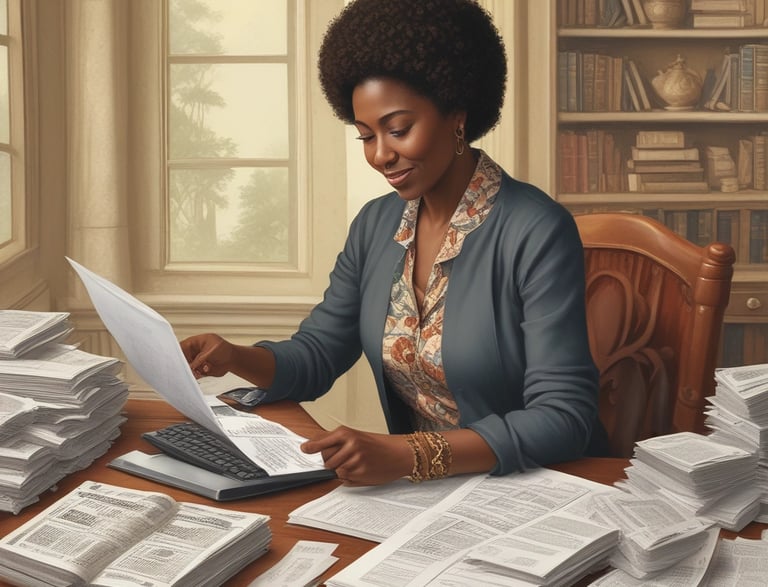 A friendly tax advisor smiling while assisting a client with paperwork in a bright, modern office.