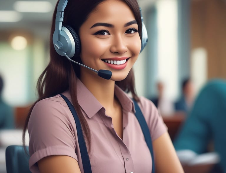 A friendly customer support representative wearing a headset, smiling and ready to assist.