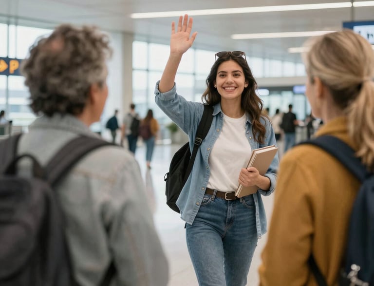 A welcoming classroom with warm lighting and English learning materials on the walls.