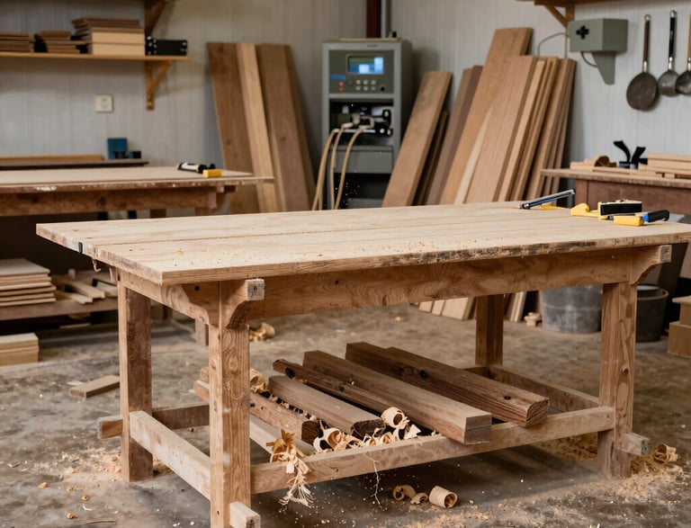 Cozy workshop corner with wooden tools and warm lighting