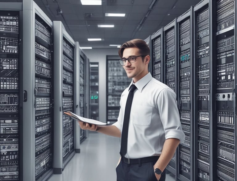 A professional IT consultant smiling, ready to assist clients in a modern office environment with neon cyan accents.