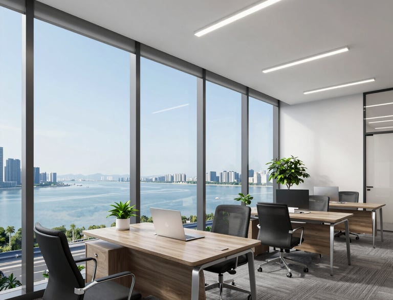 A bright blue-themed office space with solar panels and AI technology visuals.