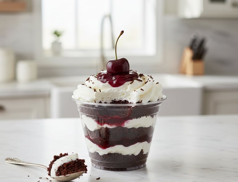 Postre Selva Negra de Cocina con Ely, preparado con torta húmeda de chocolate, crema batida y mermel