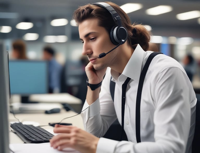 A friendly person at a desk with a laptop and a cup of coffee, ready to assist with rental inquiries.