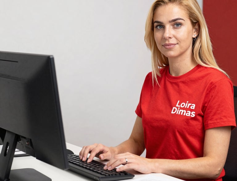 A professional woman smiling while typing on a laptop in a modern office setting.