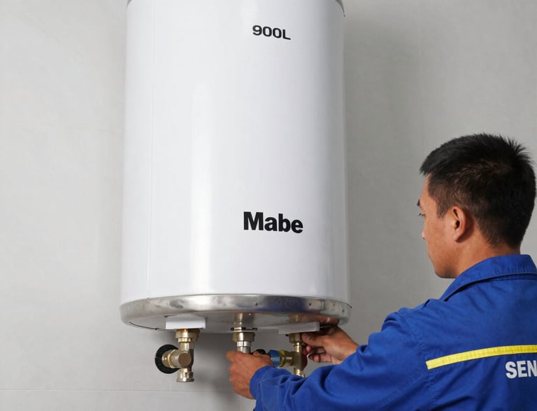 Technician repairing a Mabe gas appliance at a customer's home in Bogotá