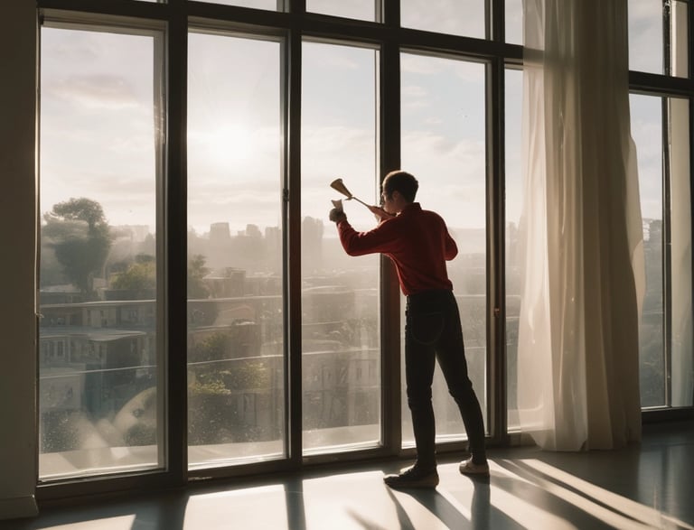A friendly technician cleaning a large window with maroon and gold accents in the background.
