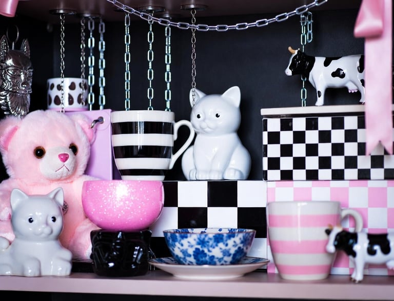 Pastel goth shelf with a bunch of different colored mugs