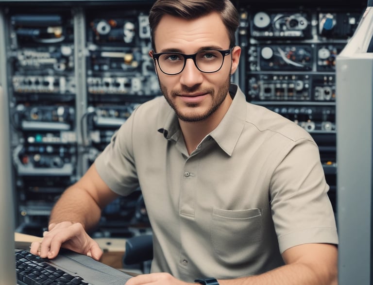 A friendly customer service representative at a green-themed office desk with computers.