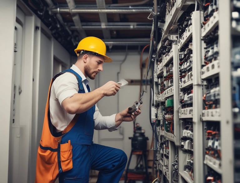 A friendly electrician answering a call in a bright workshop.