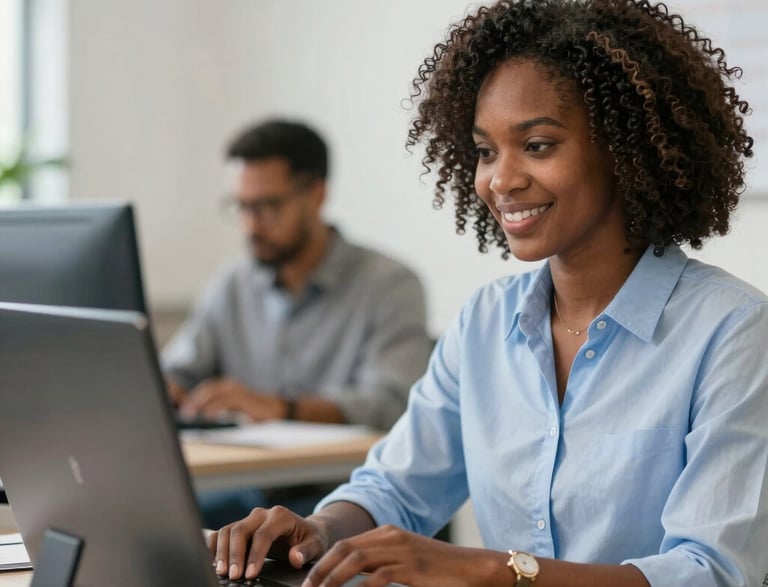 A friendly consultant sitting at a desk, ready to assist clients with business planning.