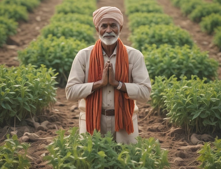 A friendly farmer holding fresh crops in a sunny field.