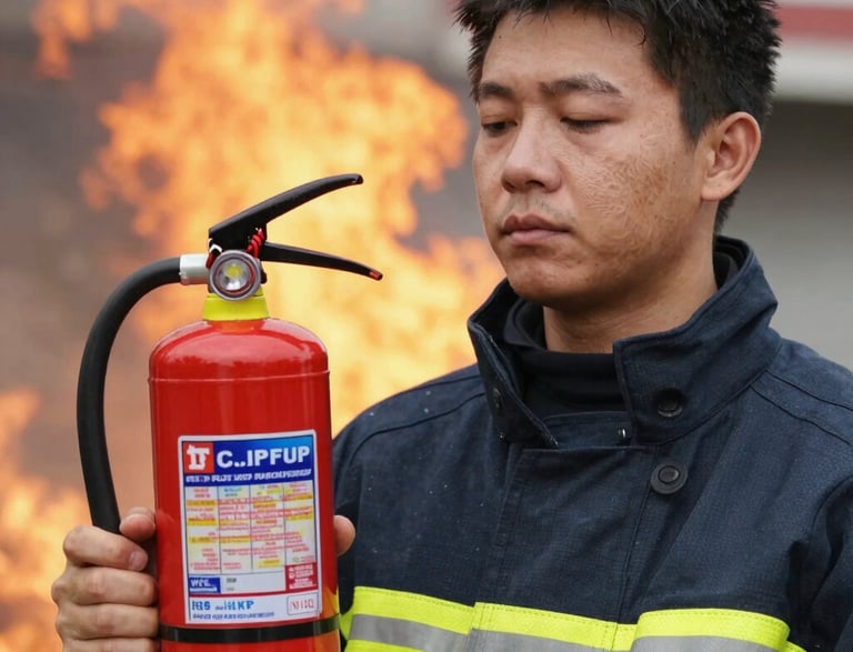 A person using a fire extinguisher inside a house with a small fire, while another person extinguishes a burning vehicle nearby.
