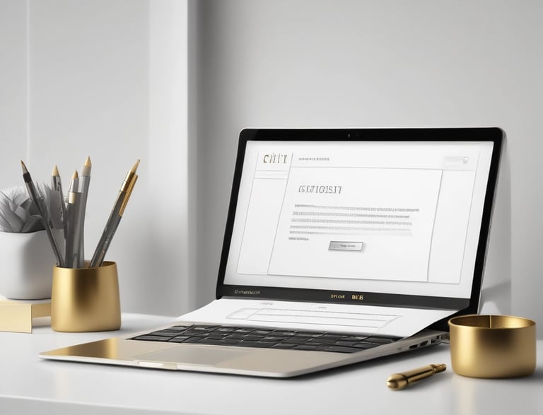A sleek modern office desk with a laptop, notebook, and a golden pen reflecting the brand's premium style.