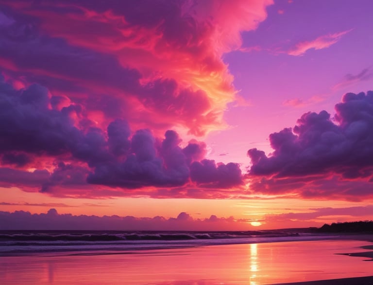 A vibrant sunset sky blending bright purple, pink, and blue hues over a stylish bar setup.