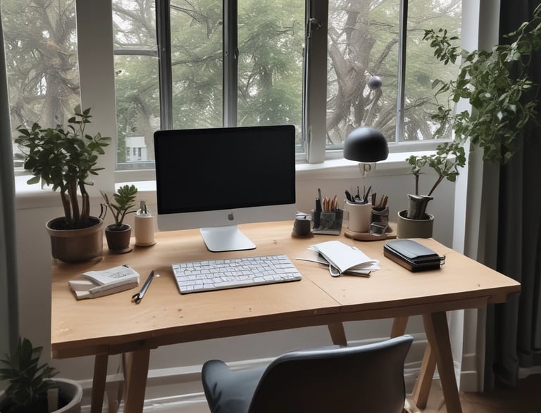 A cozy workspace with sketchbooks, pencils, and a laptop by a window overlooking a Finnish forest.