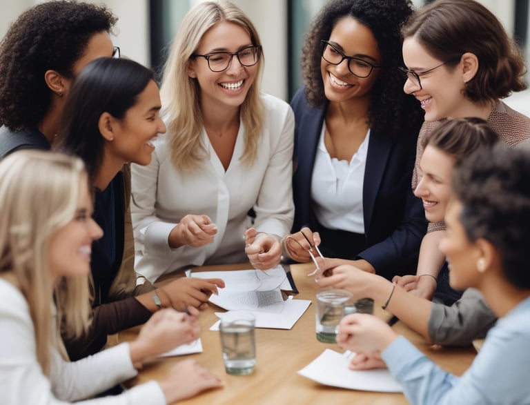 Diverse group of professional women laughing during a collaborative business meeting at a round table.