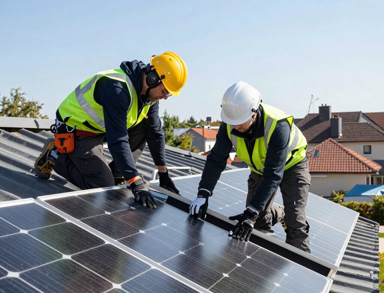 A friendly customer service representative assisting a client over the phone with solar panel plans in a bright office.