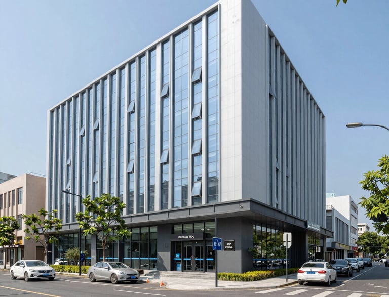 A friendly real estate agent smiling and ready to assist clients in a modern office setting.