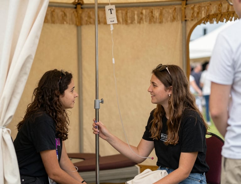 A friendly nurse setting up an IV drip inside a cozy festival camper.