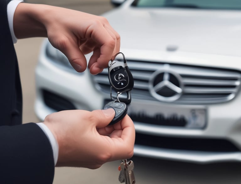 A friendly locksmith handing over a freshly cut car key to a smiling customer beside a vehicle.
