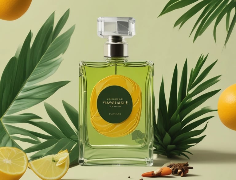 A warm, inviting office space with a family photo on the wall and perfume samples on a wooden table.