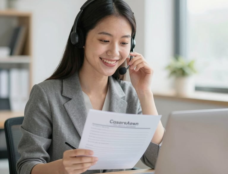 A friendly customer service representative wearing an orange shirt, ready to assist clients with Zebra printers.