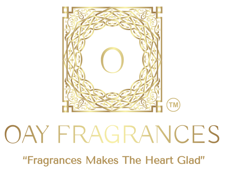 Gold OAY Fragrances logo with an intricate circular emblem and luxury brand slogan on a white background.
