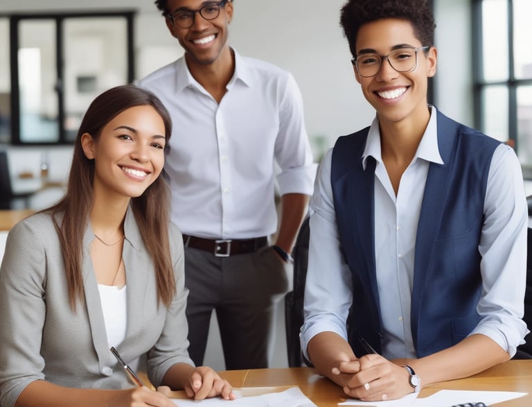 A professional office desk with a laptop, notepad, and a cup of coffee, ready for a business conversation.