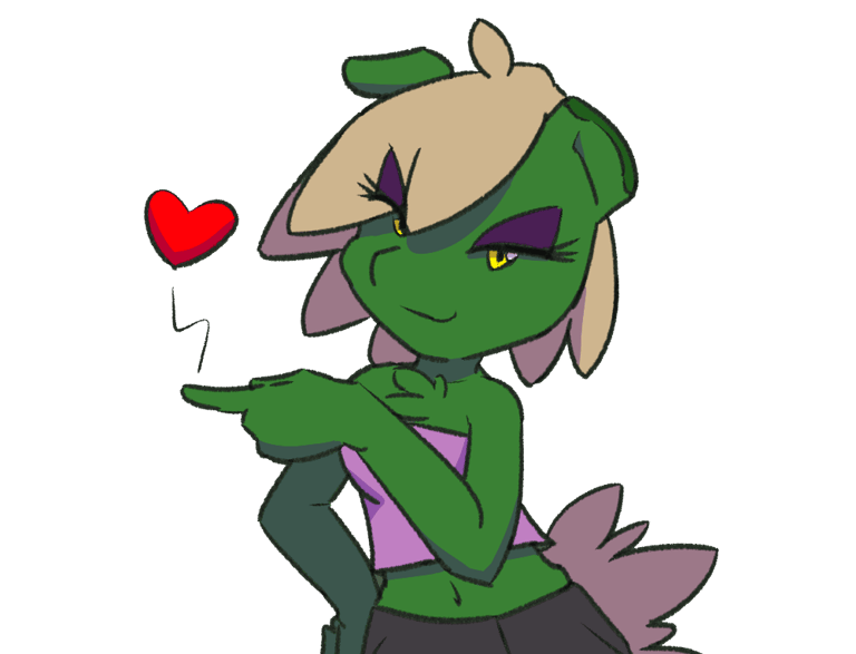 A green chibi-style character with tan hair pointing left and a heart coming from her finger