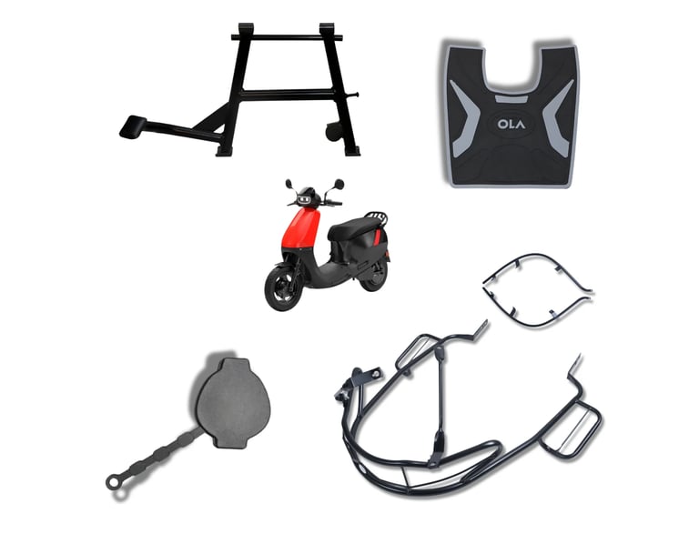 A collage of Ola S1 electric scooter in red and black, surrounded by various black accessories: