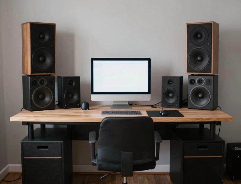 A minimalist black and gold studio desk with mixing equipment and headphones.