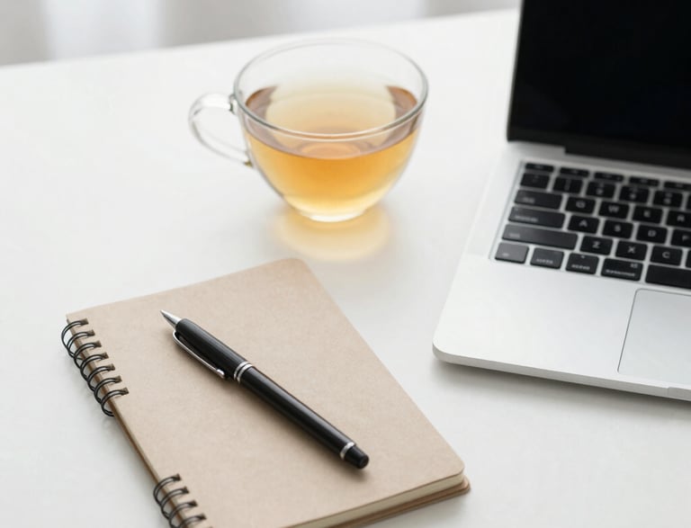 A calm workspace with a laptop, a cup of tea, and a soft beige notebook beside a small potted plant.