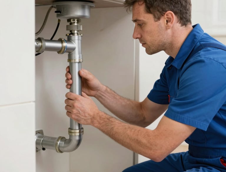 A friendly plumber answering a phone call in a cozy Kent home.