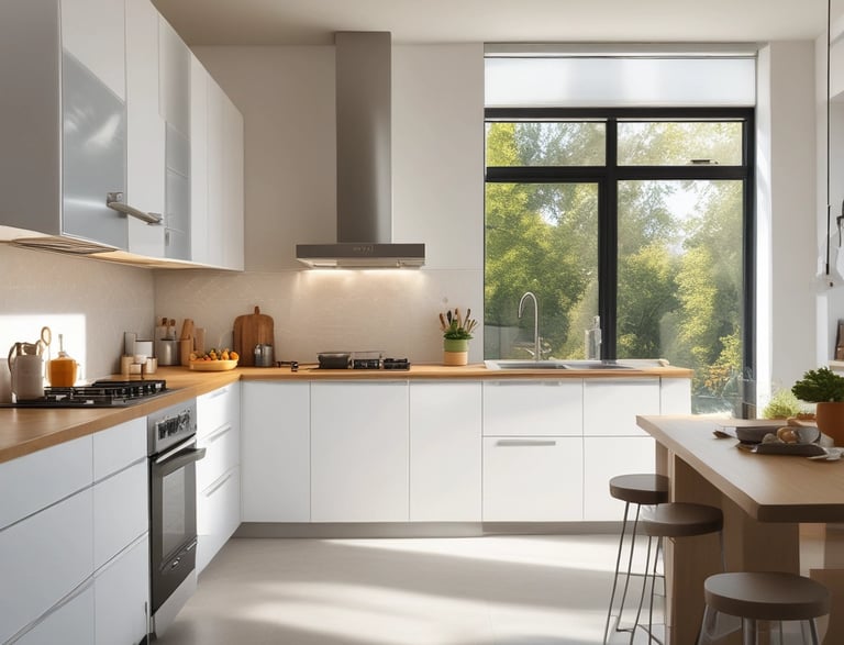 Bright, modern living room with sunlight streaming through large windows.