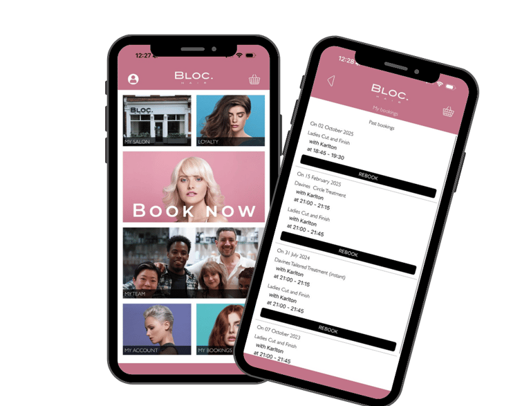 Two mobile smartphones displaying the Bloc Hair salon booking app interface for hair appointments.