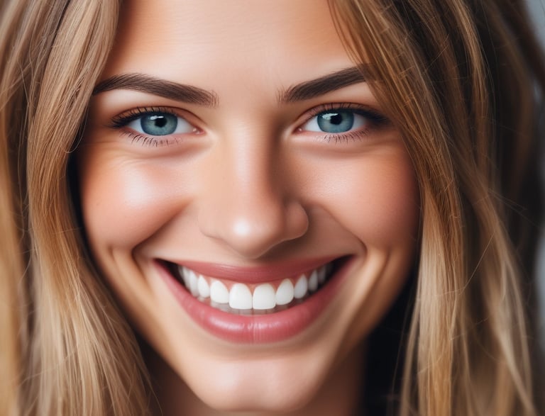 A close-up view of a dental model showcasing upper and lower sets of teeth with a transparent aligner placed between them. The model rests on a dark surface that appears to be part of a keyboard.