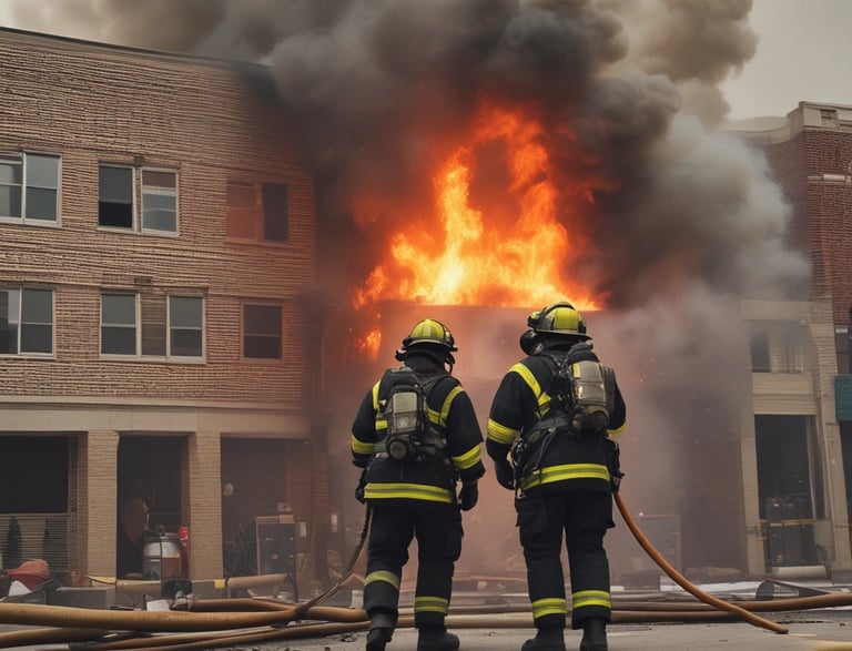 A multi-story building with classic architectural details shows smoke emanating from several windows. Near the bottom, construction equipment and scaffolding are visible, and green tree branches partially frame the view.
