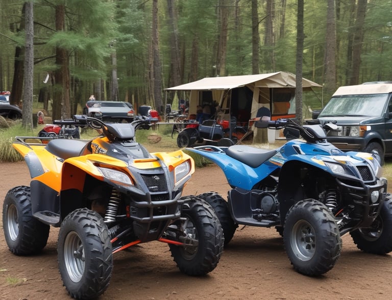 A snowy ATV trail winding through a forest with deer tracks nearby.