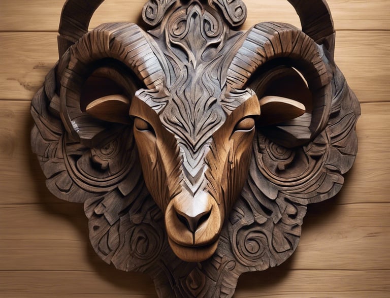 une tête bouc sculptée sur une pièce de bois