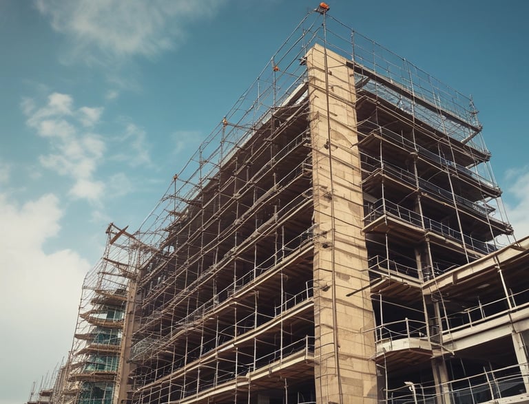 A colorful, historic building with blue and peach hues under renovation. Scaffolding is set up on both sides, and a clock with Roman numerals is visible above the entrance. Ornate details and arched windows enhance the architectural design. A construction worker wearing a helmet and high-visibility vest stands in front of the structure, surrounded by caution tape.