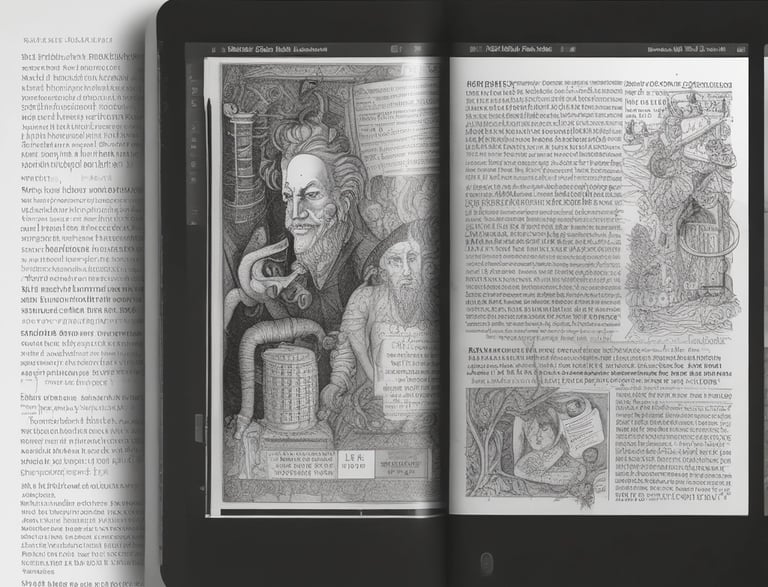 A Kindle displaying the title 'O Rei do Inverno' by Bernard Cornwell is placed on a bamboo mat. Surrounding the Kindle are dried leaves, some loose book pages, and black-and-white photographs, creating a vintage and cozy atmosphere.