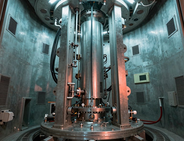 An industrial or scientific chamber with a cylindrical interior. The walls and ceiling are lined with metallic structures, vents, and panels, suggesting a complex technological or engineering environment. Central to the space are large, vertically oriented metallic structures, with cables and pipes running along the surfaces. The lighting casts a teal hue, enhancing the high-tech and futuristic appearance.