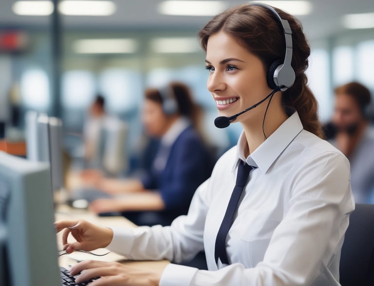 A spacious and brightly lit airport terminal with high ceilings. Multiple service desks line the right side, each equipped with monitors and signage. On the left, rows of seats are visible. The area is reflective with polished tile floors, and overhead lights illuminate the space. A few people are scattered across the terminal, adding a sense of minimal activity.