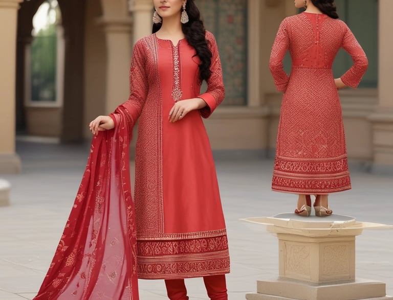 A woman wearing a blue and green patterned kurta with matching palazzo pants. She has long hair, is accessorized with earrings, and stands barefoot in a minimalistic setting. A large cream-colored vase holding dried plants is positioned beside her against a plain light background.