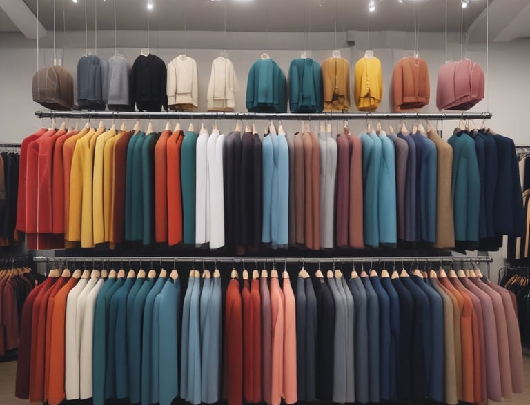 A clothing store display featuring neatly folded sweatshirts and t-shirts on wooden shelves, along with a range of hanging garments such as hoodies and shirts. The foreground shows a table with neatly folded pants and an empty wooden hanger.