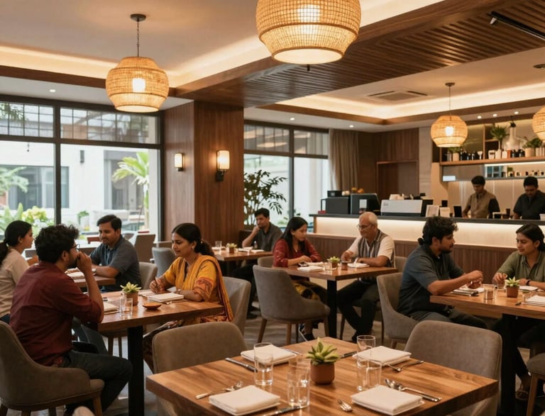 A beautifully plated assortment of Indian dishes including tandoori chicken, paneer butter masala, and colorful vegetable biryani served in an elegant dining setting.