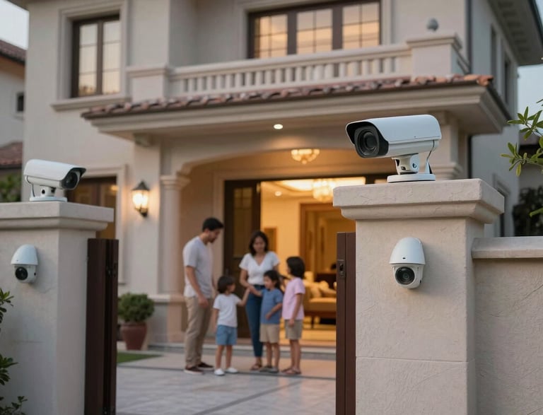 A friendly technician installing a CCTV camera at a residential home during sunset.